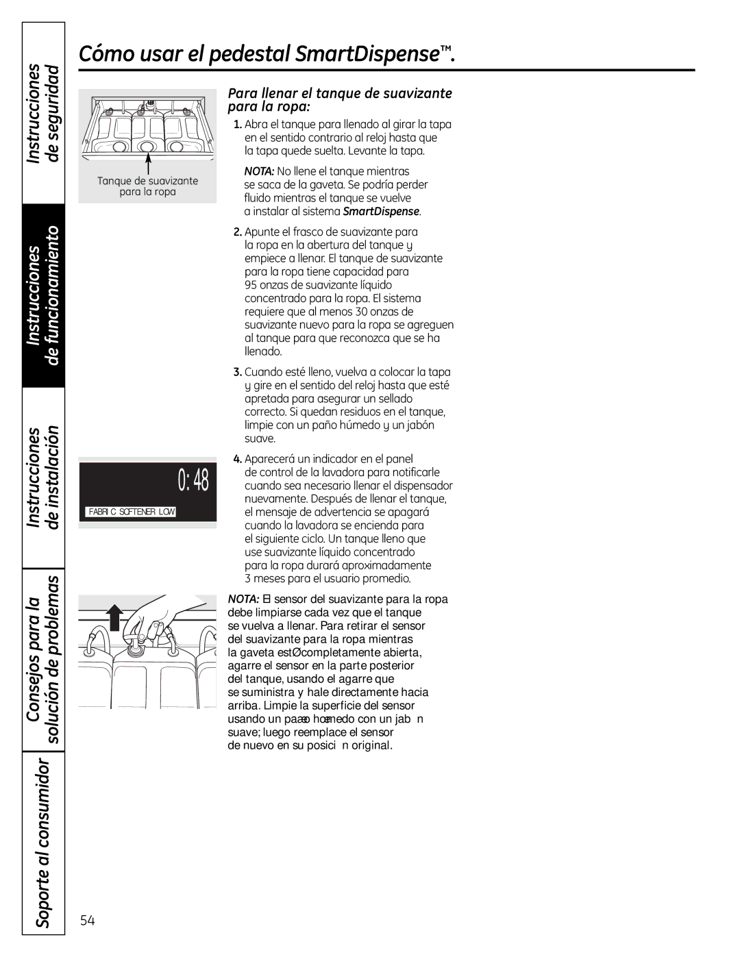 GE SPBD880 installation instructions Para llenar el tanque de suavizante para la ropa, Nota No llene el tanque mientras 