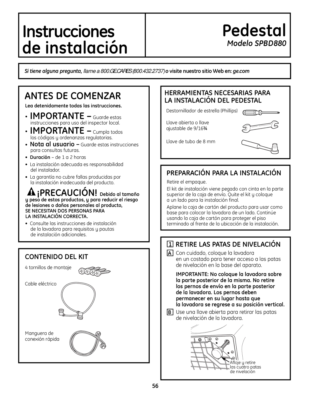 GE SPBD880 Contenido DEL KIT, Preparación Para LA Instalación, Retire LAS Patas DE Nivelación, Retire el empaque 