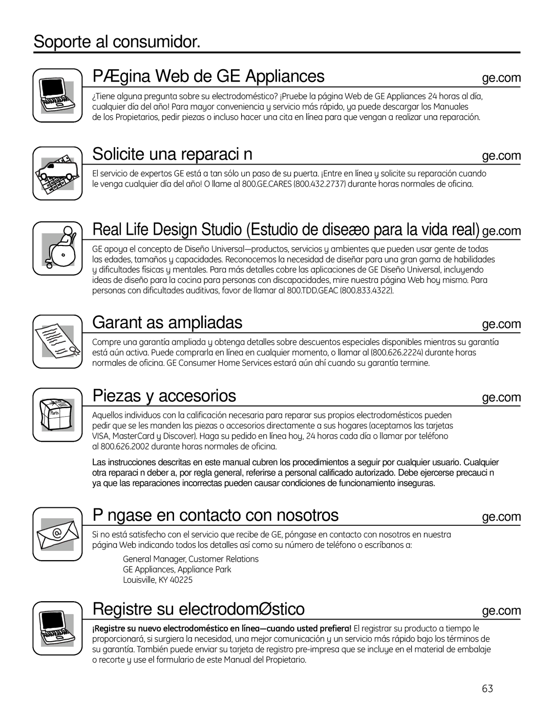 GE SPBD880 Soporte al consumidor Página Web de GE Appliances, Solicite una reparación, Garantías ampliadas 