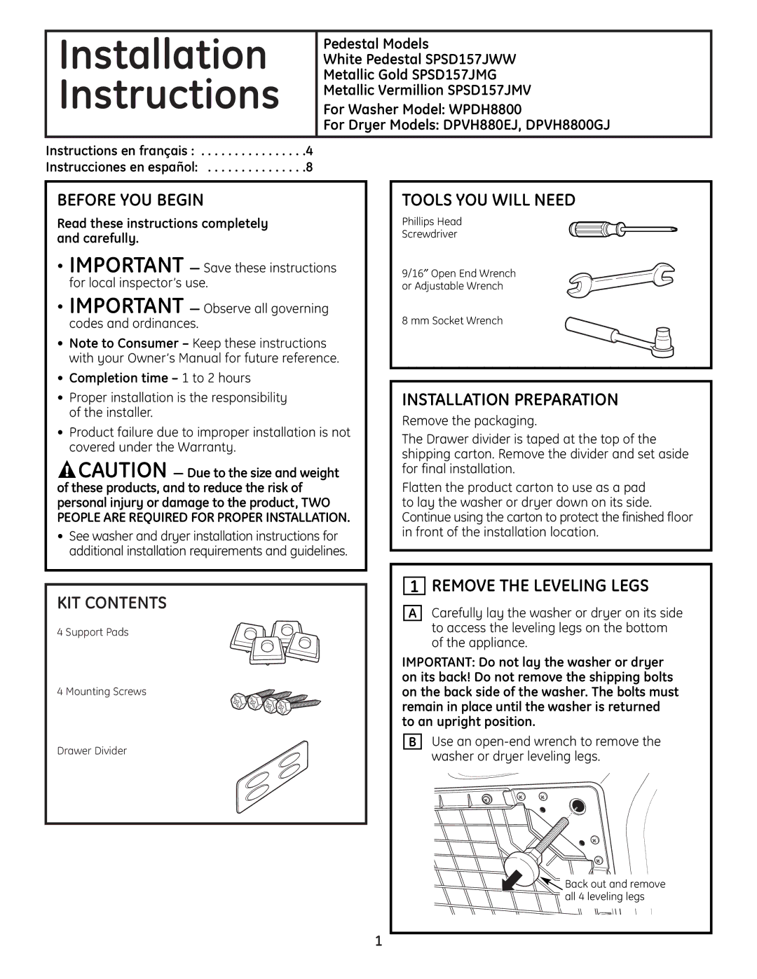 GE DPVH8800GJ installation instructions Before YOU Begin, Tools YOU will Need, Installation Preparation, KIT Contents 