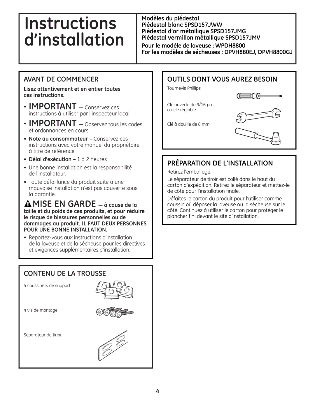 GE WPDH8800 Avant DE Commencer, Outils Dont Vous Aurez Besoin, Préparation DE L’INSTALLATION, Contenu DE LA Trousse 