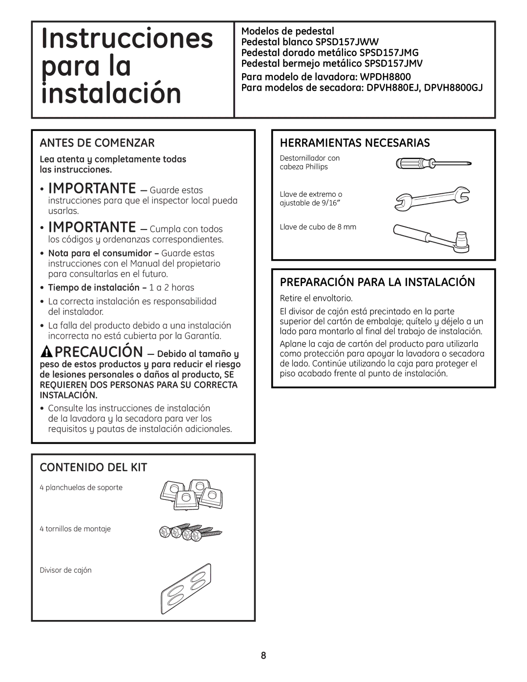 GE SPSD157JMV, SPSD157JWW Antes DE Comenzar, Herramientas Necesarias, Preparación Para LA Instalación, Contenido DEL KIT 