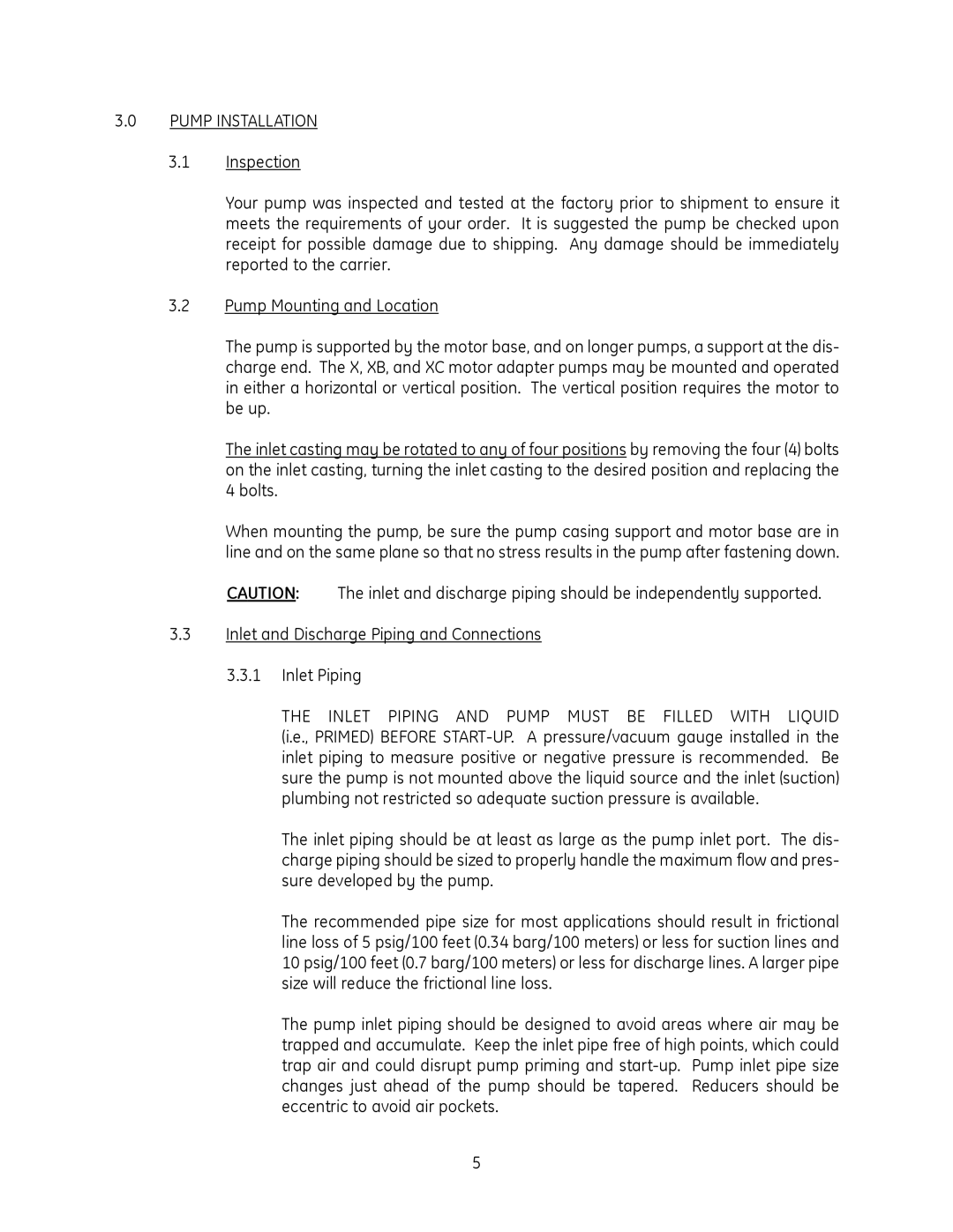 GE SS500, SS1000, SS1800 manual Pump Installation, Inlet and Discharge Piping and Connections Inlet Piping 