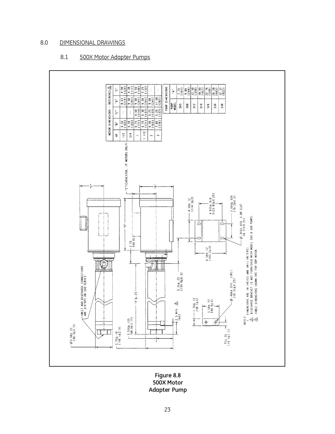 GE SS500, SS1000, SS1800 manual Dimensional Drawings, 500X Motor Adapter Pump 