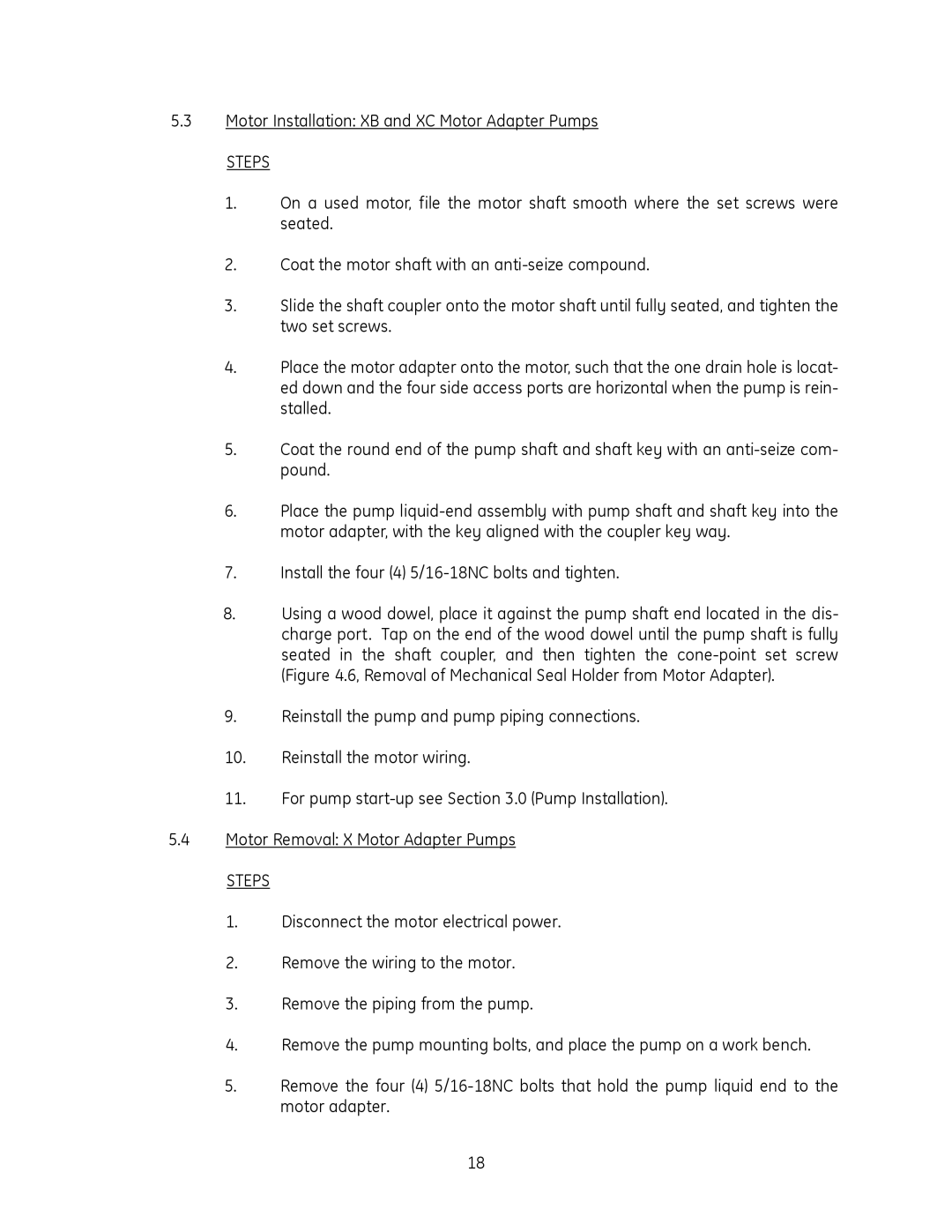 GE SS1000, SS1800, SS500 manual Motor Installation XB and XC Motor Adapter Pumps 