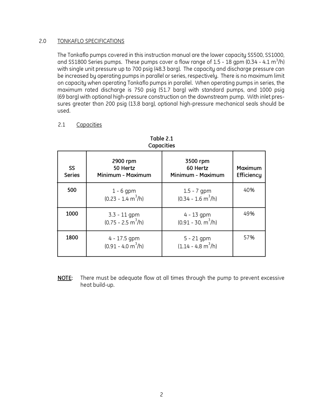 GE SS500, SS1000, SS1800 manual Tonkaflo Specifications, Capacities 2900 rpm 3500 rpm Maximum 