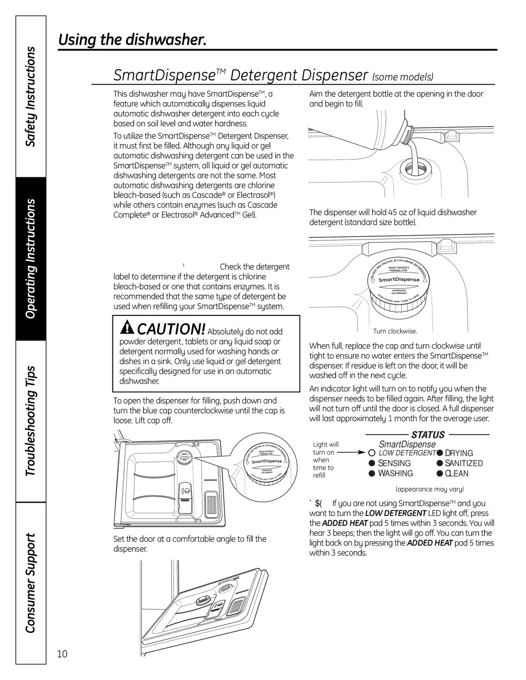 GE Stainless Steel Tub Dishwasher manual SmartDispenseTM Detergent Dispenser some models, Troubleshooting Tips 