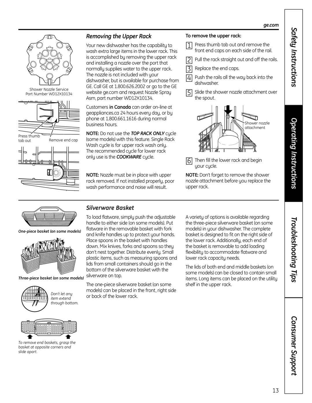 GE Stainless Steel Tub Dishwasher manual Removing the Upper Rack, Silverware Basket, Safety 