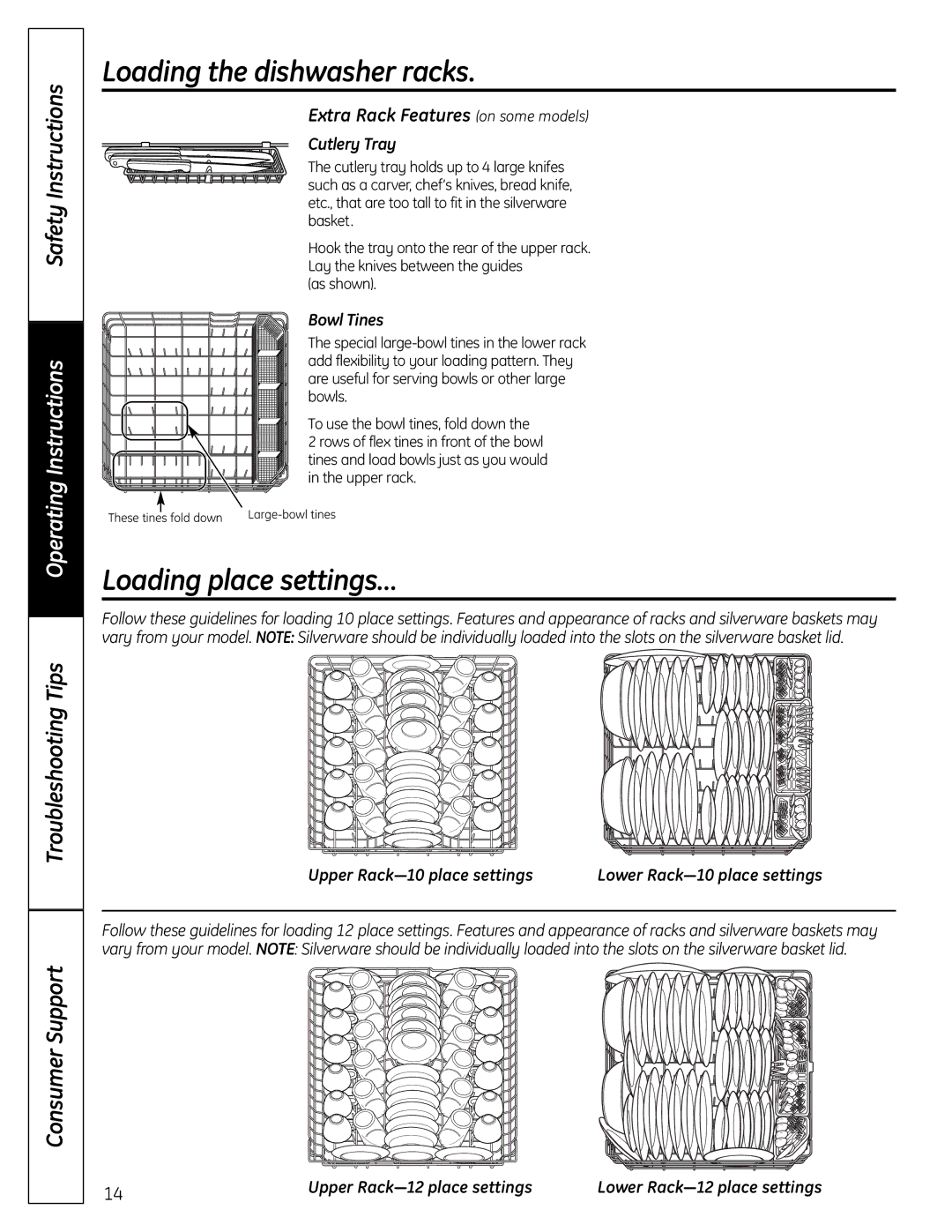 GE Stainless Steel Tub Dishwasher manual Loading place settings…, Extra Rack Features on some models 