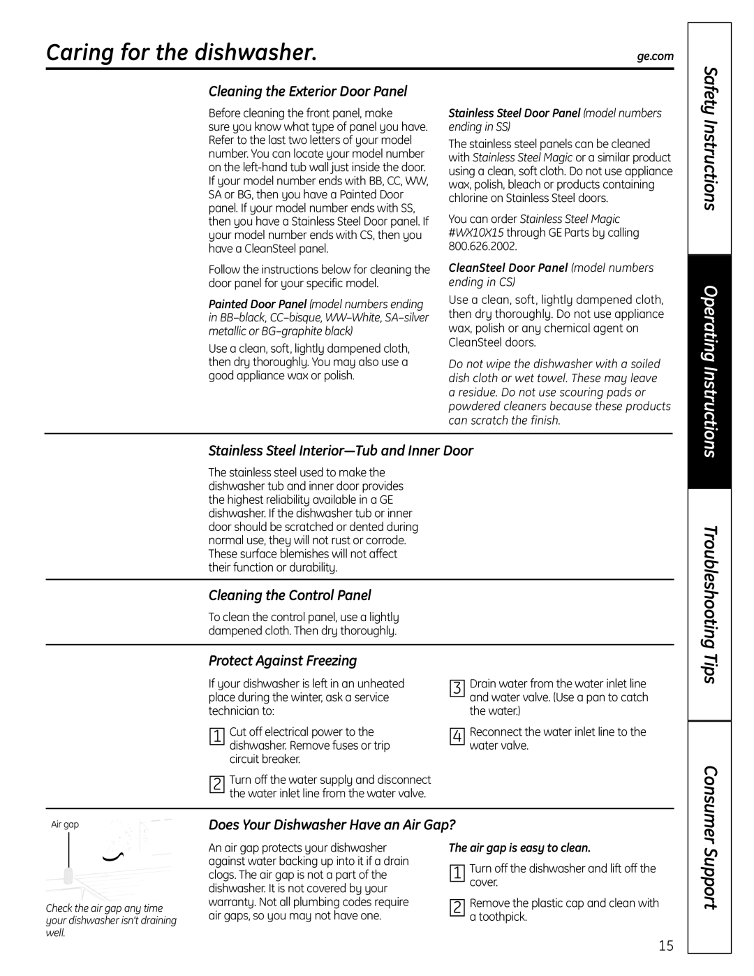 GE Stainless Steel Tub Dishwasher manual Caring for the dishwasher 