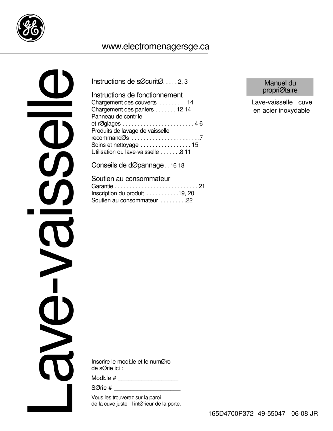 GE Stainless Steel Tub Dishwasher manual Lave-vaisselle 