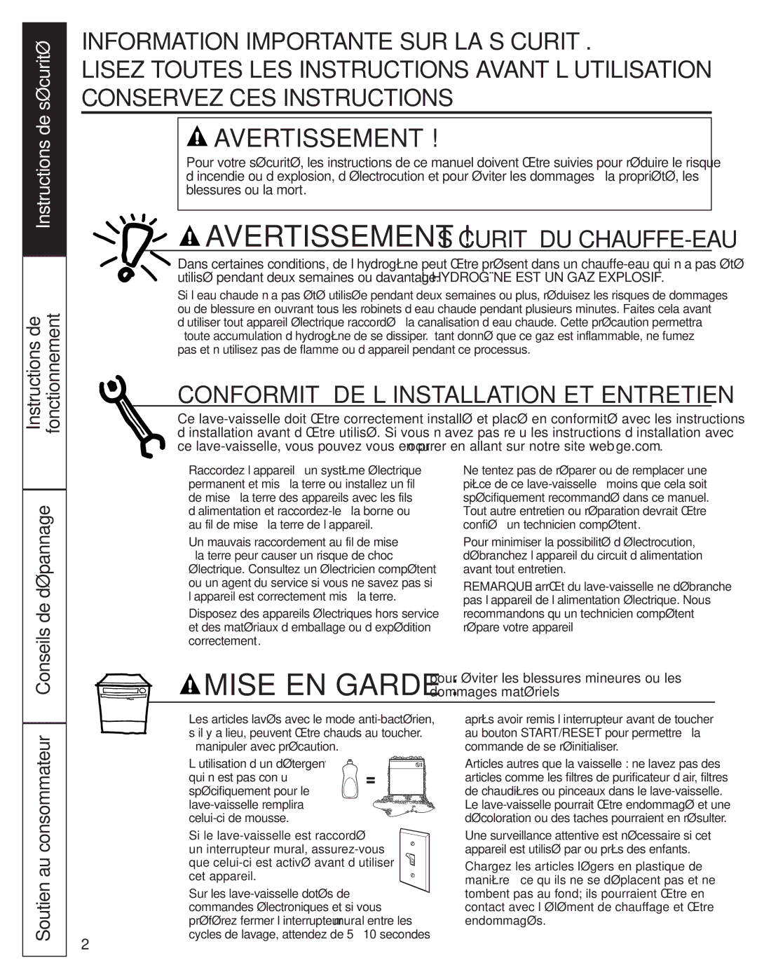 GE Stainless Steel Tub Dishwasher manual Instructions de Fonctionnement, Conseils de dépannage, Soutien au consommateur 