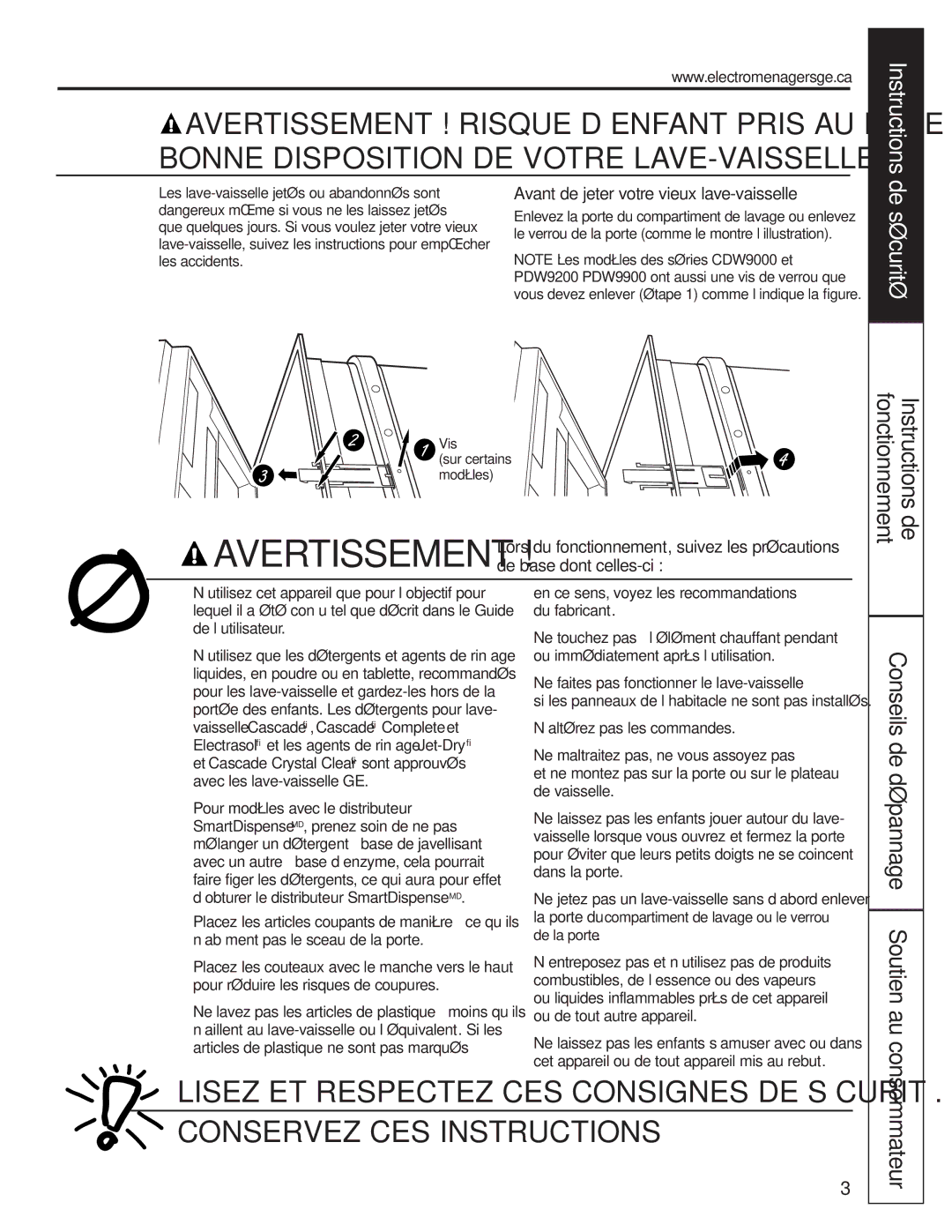 GE Stainless Steel Tub Dishwasher manual Conseils de dépannage Soutien au, Consommateur 