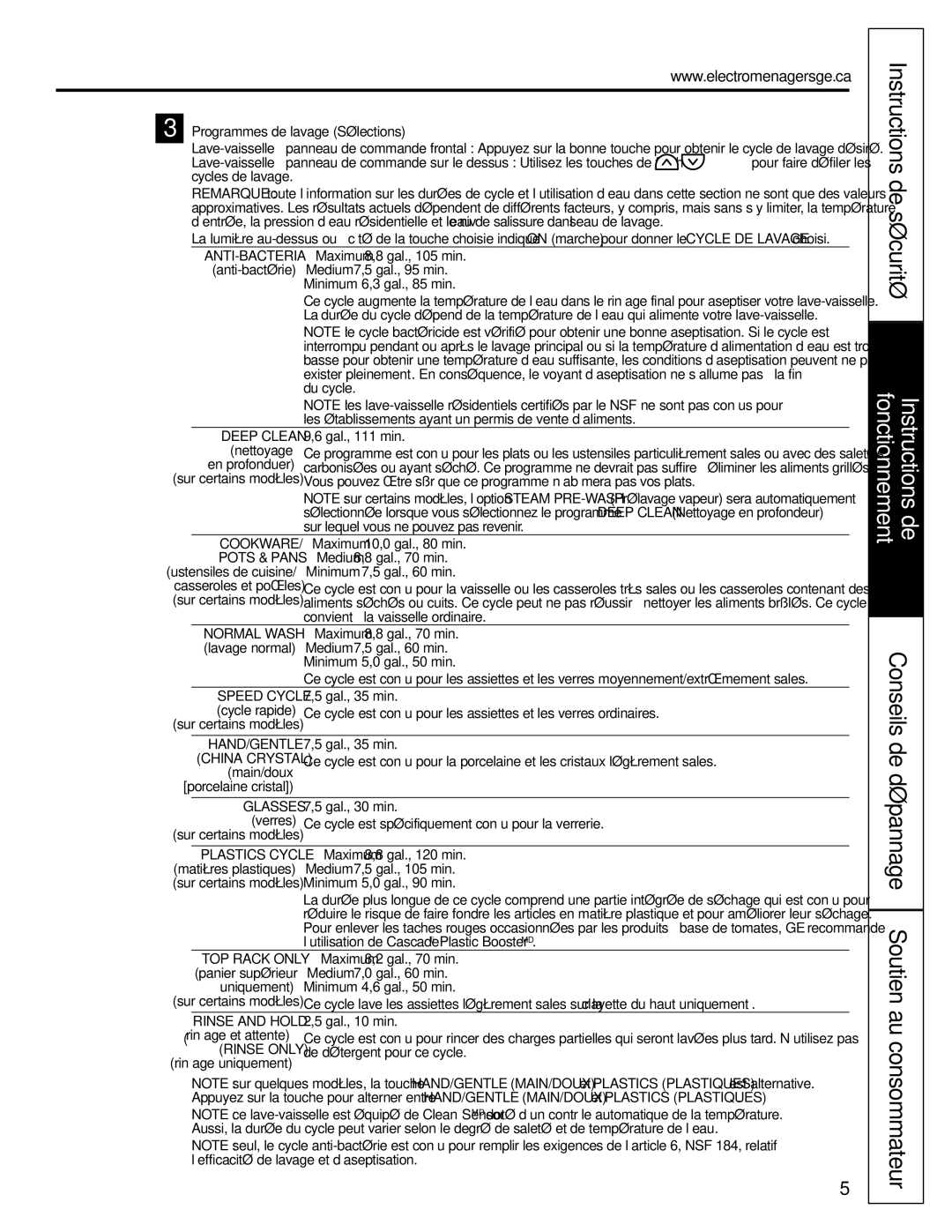 GE Stainless Steel Tub Dishwasher manual Conseils de dépannage Soutien au consommateur, Programmes de lavage Sélections 