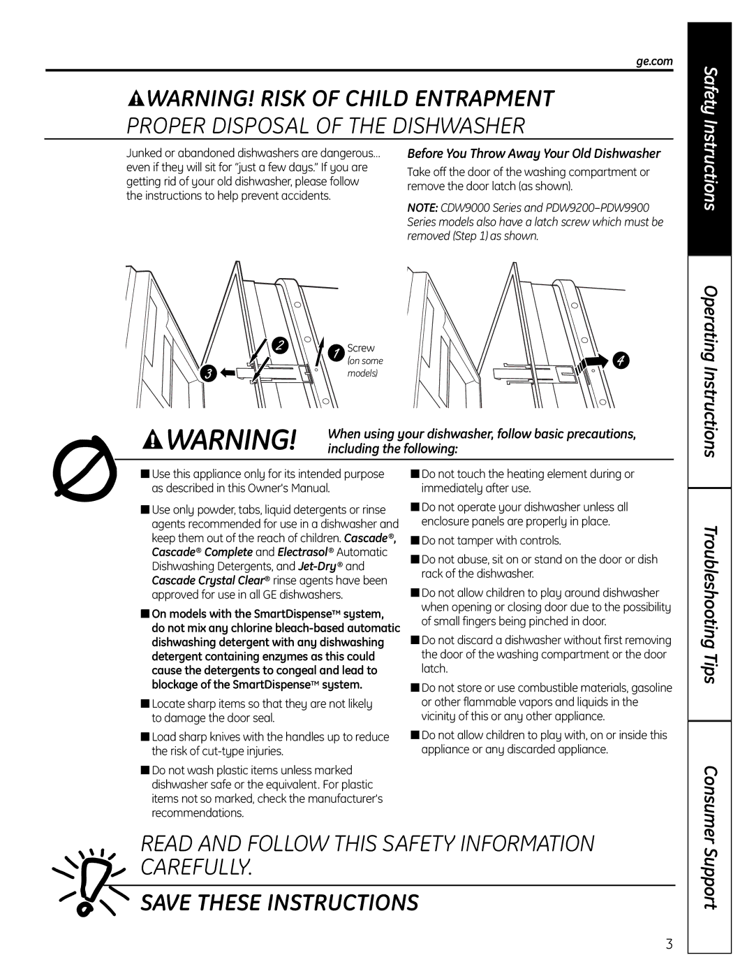 GE Stainless Steel Tub Dishwasher manual Support, Operating Instructions, Consumer, Ge.com 