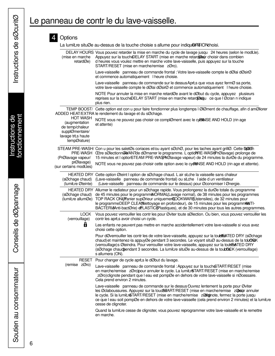 GE Stainless Steel Tub Dishwasher manual Options, START/RESET mise en marche/remise à zéro, Et attente 