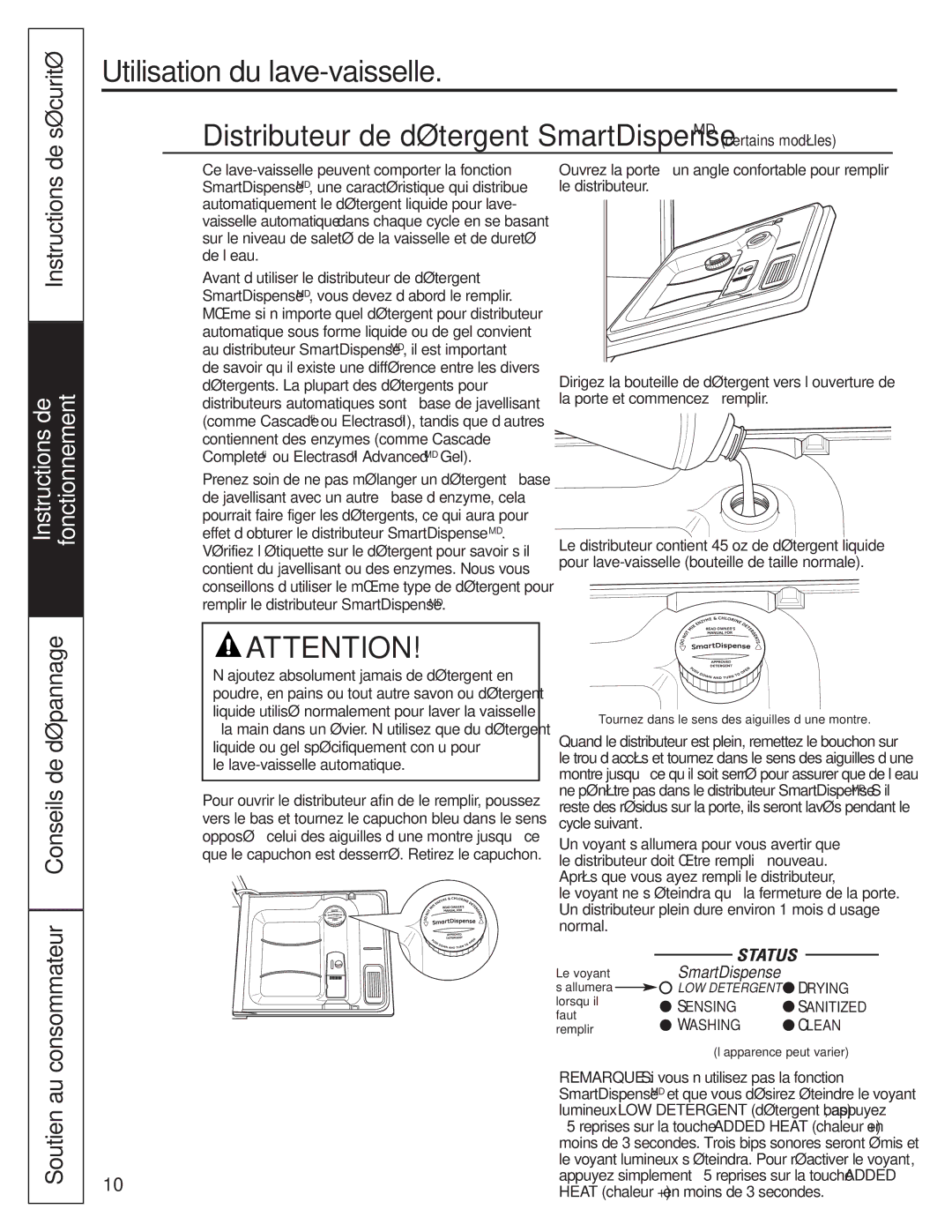 GE Stainless Steel Tub Dishwasher Distributeur de détergent SmartDispenseMD certains modèles, Instructions, Soutien au 