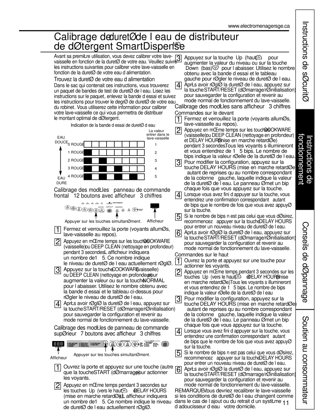 GE Stainless Steel Tub Dishwasher manual Trouvez la dureté de votre eau d’alimentation, Commandes sur le haut 