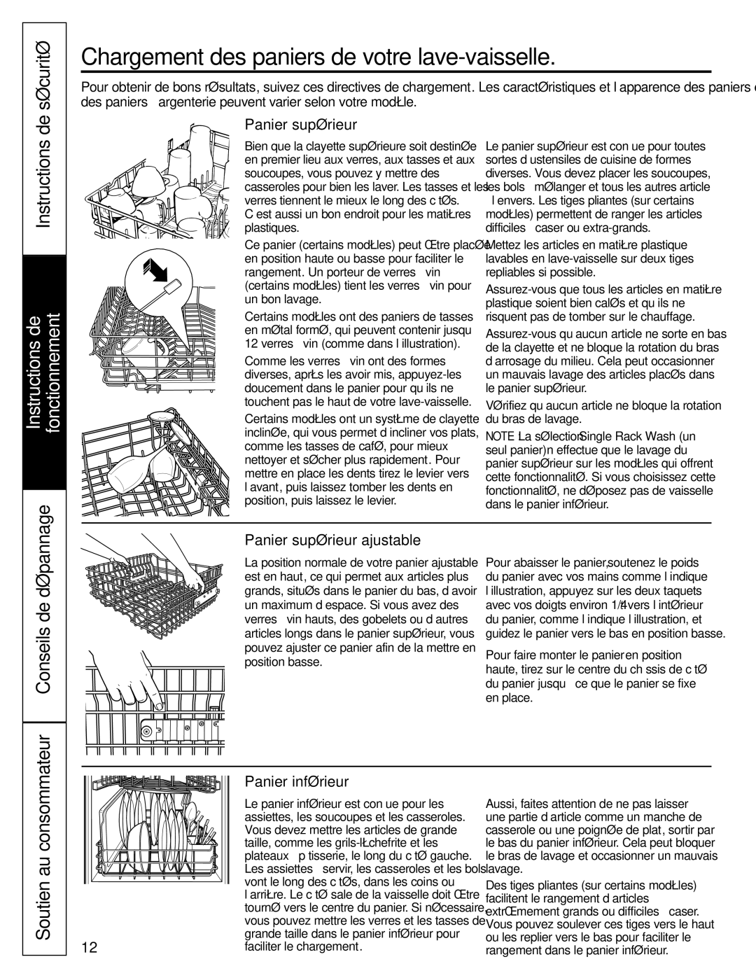 GE Stainless Steel Tub Dishwasher manual Chargement des paniers de votre lave-vaisselle, Sécurité, Panier supérieur 