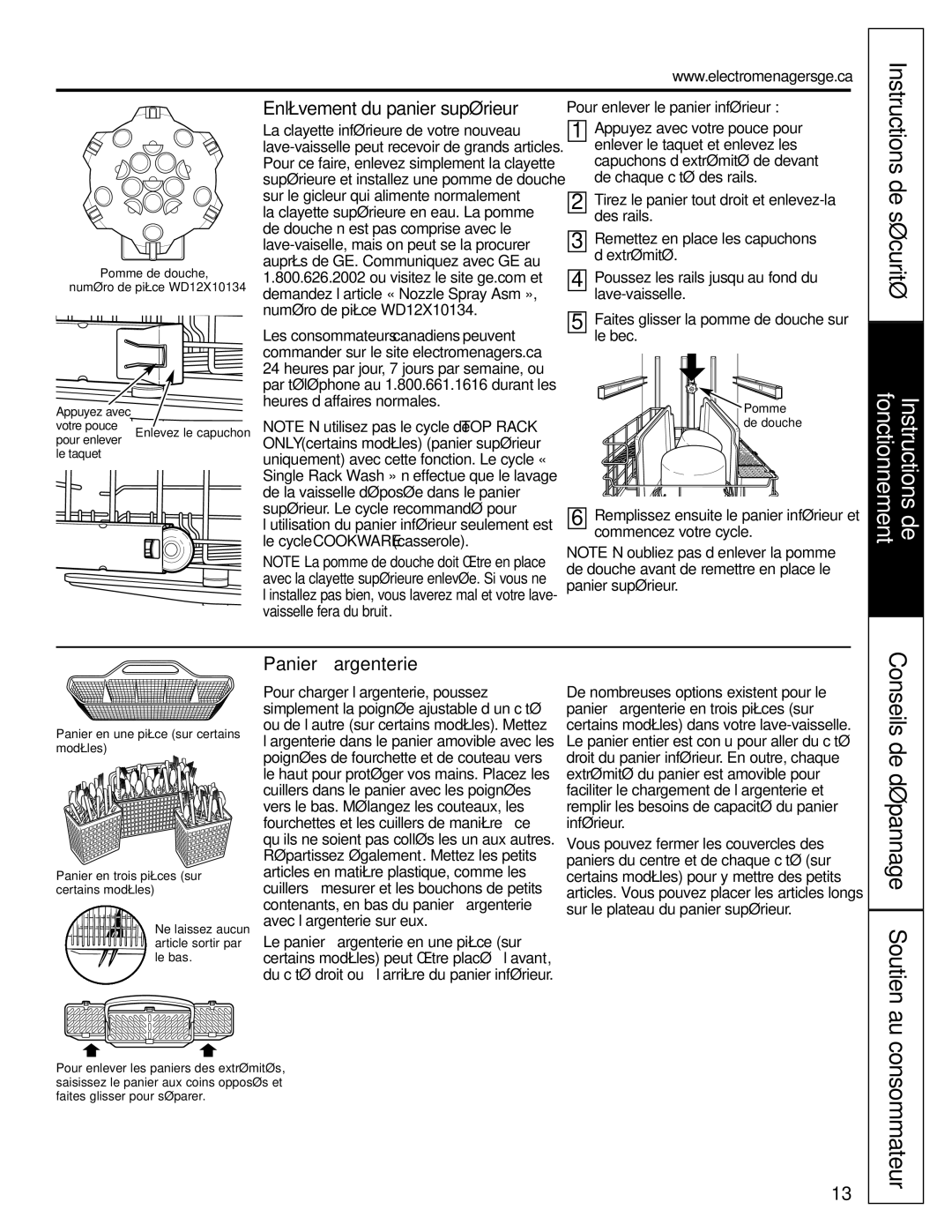 GE Stainless Steel Tub Dishwasher manual Consommateur, Enlèvement du panier supérieur, Panier à argenterie 