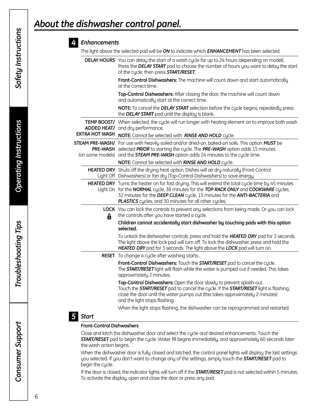 GE Stainless Steel Tub Dishwasher manual Enhancements, Start, Front-Control Dishwashers 