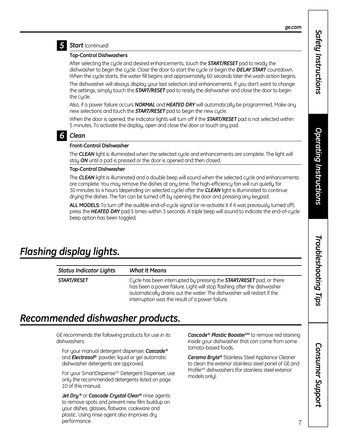 GE Stainless Steel Tub Dishwasher manual Flashing display lights, Recommended dishwasher products, Clean 