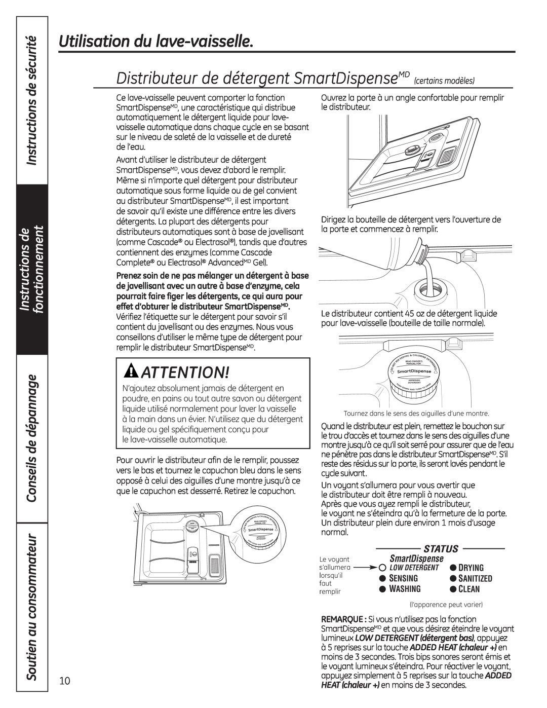 GE Stainless Steel Tub Dishwasher consommateur Conseils de dépannage, Instructions, Soutien au, de sécurité, SmartDispense 