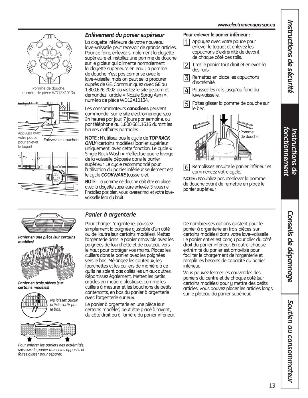 GE Stainless Steel Tub Dishwasher manual consommateur, Enlèvement du panier supérieur, Panier à argenterie, de sécurité 