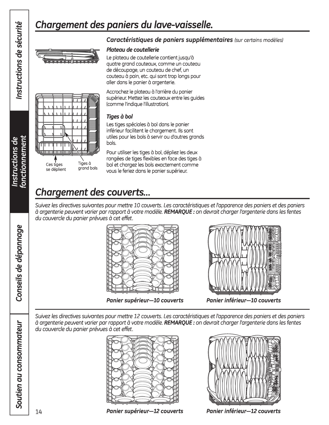 GE Stainless Steel Tub Dishwasher manual Chargement des paniers du lave-vaisselle, Chargement des couverts…, Tiges à bol 