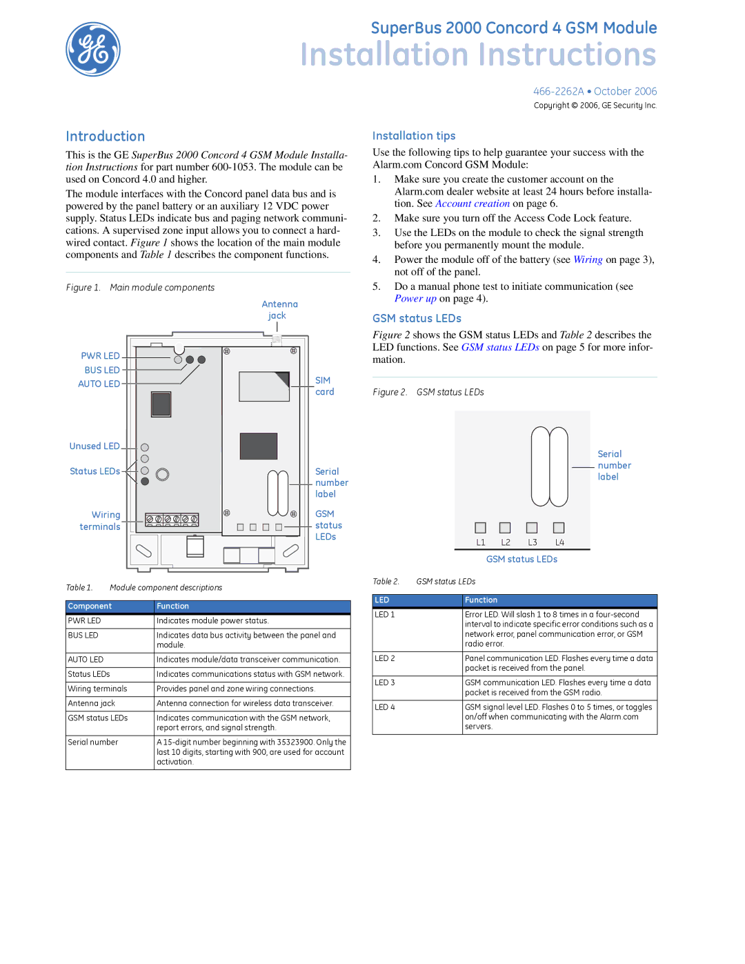 GE superbus 2000 concord 4 gsm module installation instructions Introduction, GSM status LEDs, Function 