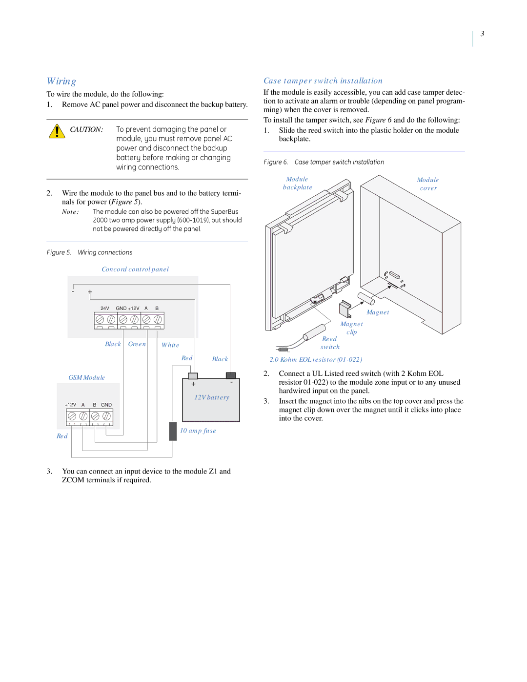 GE superbus 2000 concord 4 gsm module installation instructions Wiring, Case tamper switch installation 