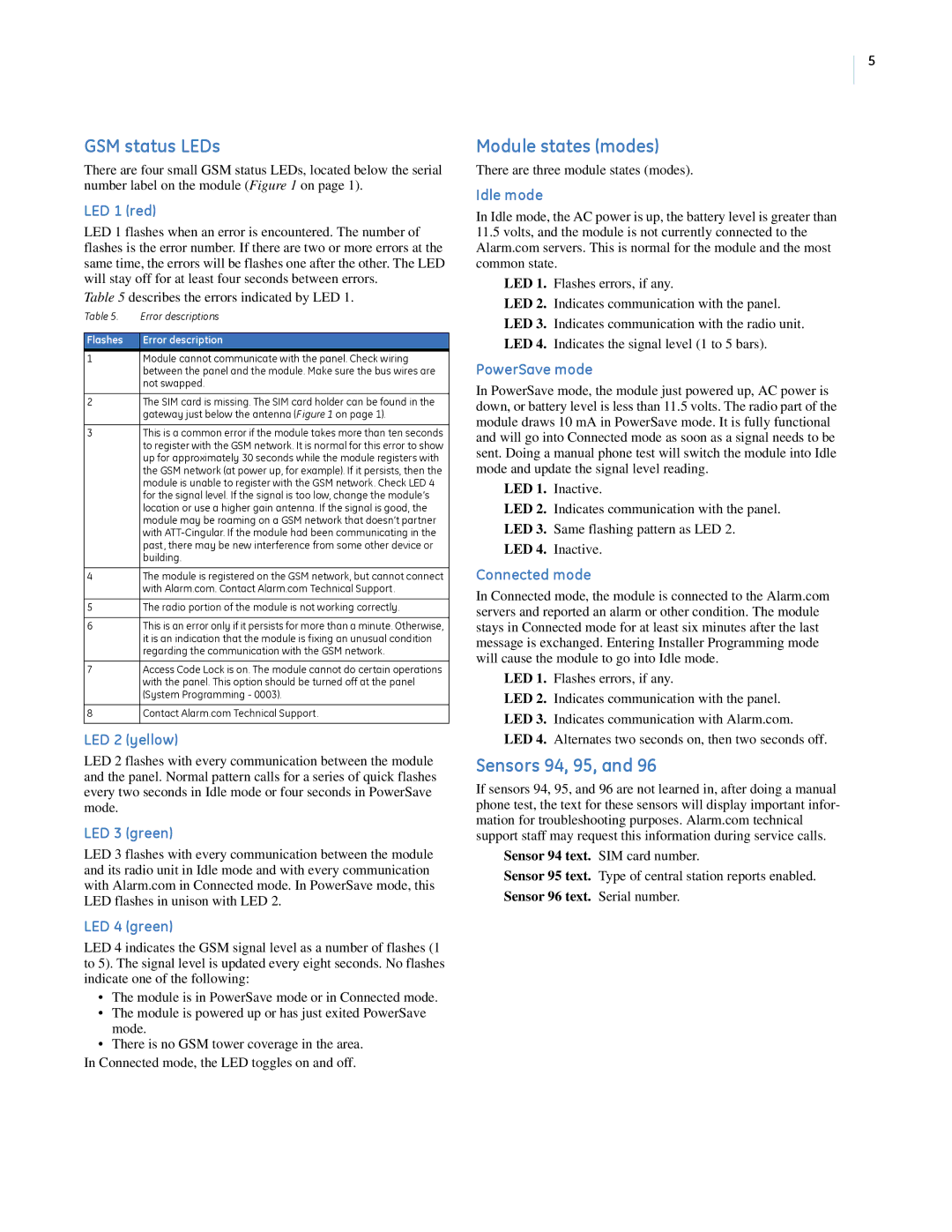 GE superbus 2000 concord 4 gsm module installation instructions GSM status LEDs, Module states modes, Sensors 94, 95 