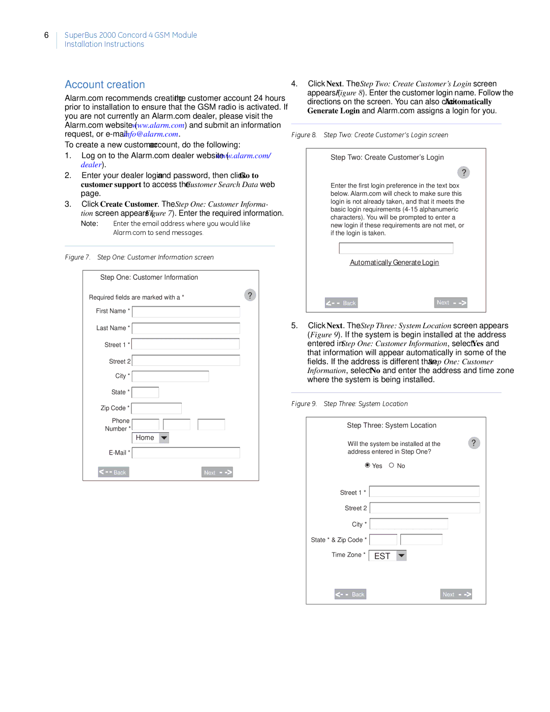 GE superbus 2000 concord 4 gsm module Account creation, Step One Customer Information, Step Two Create Customers Login 