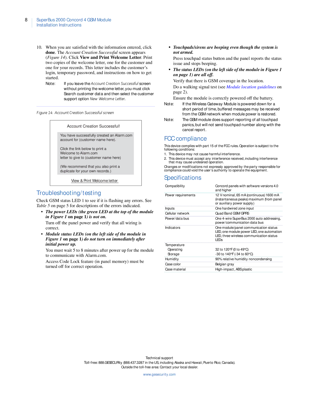 GE superbus 2000 concord 4 gsm module Troubleshooting/testing, FCC compliance, Specifications, Account Creation Successful 