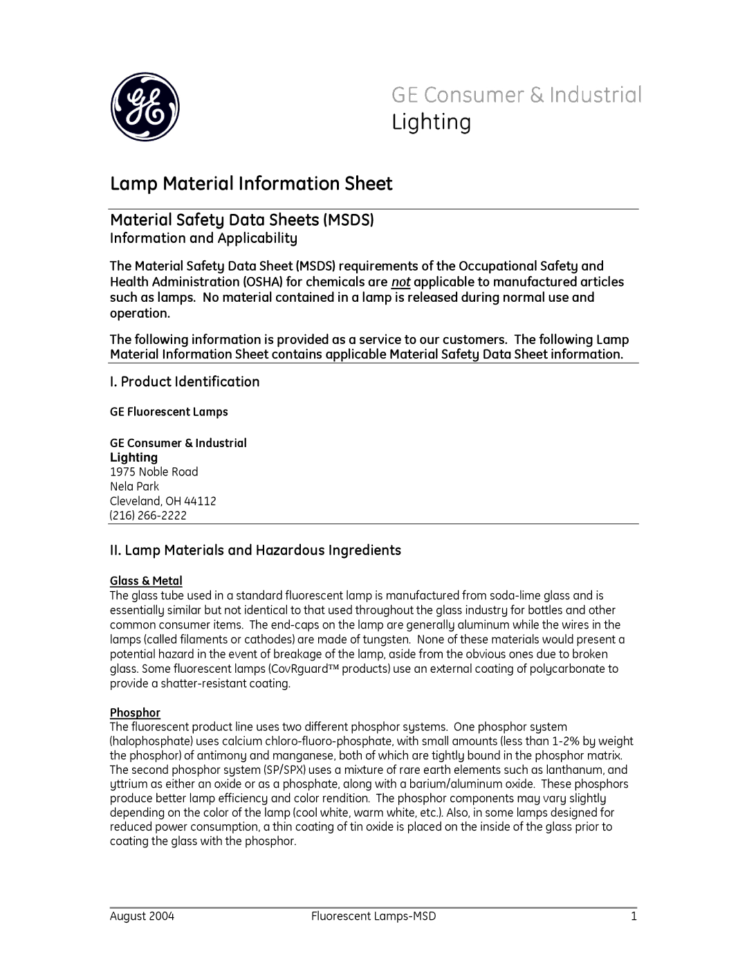 GE T8, T12, 10186 manual Lamp Material Information Sheet, Material Safety Data Sheets Msds, Information and Applicability 