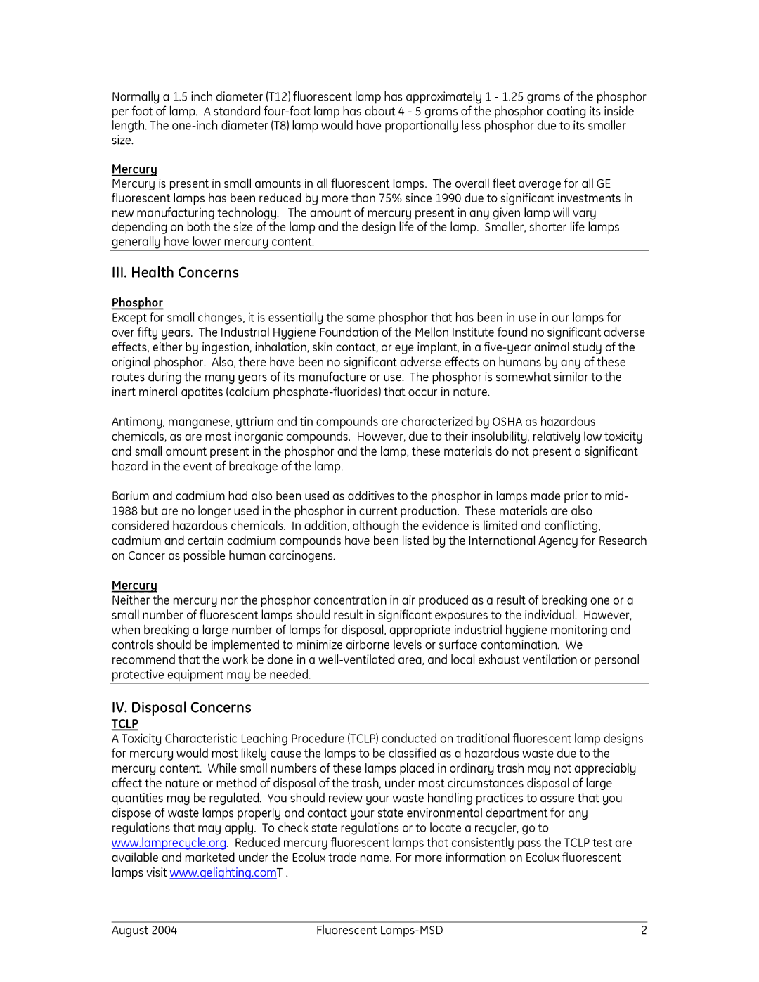 GE 10186, T12, T8 manual III. Health Concerns, IV. Disposal Concerns, Mercury 