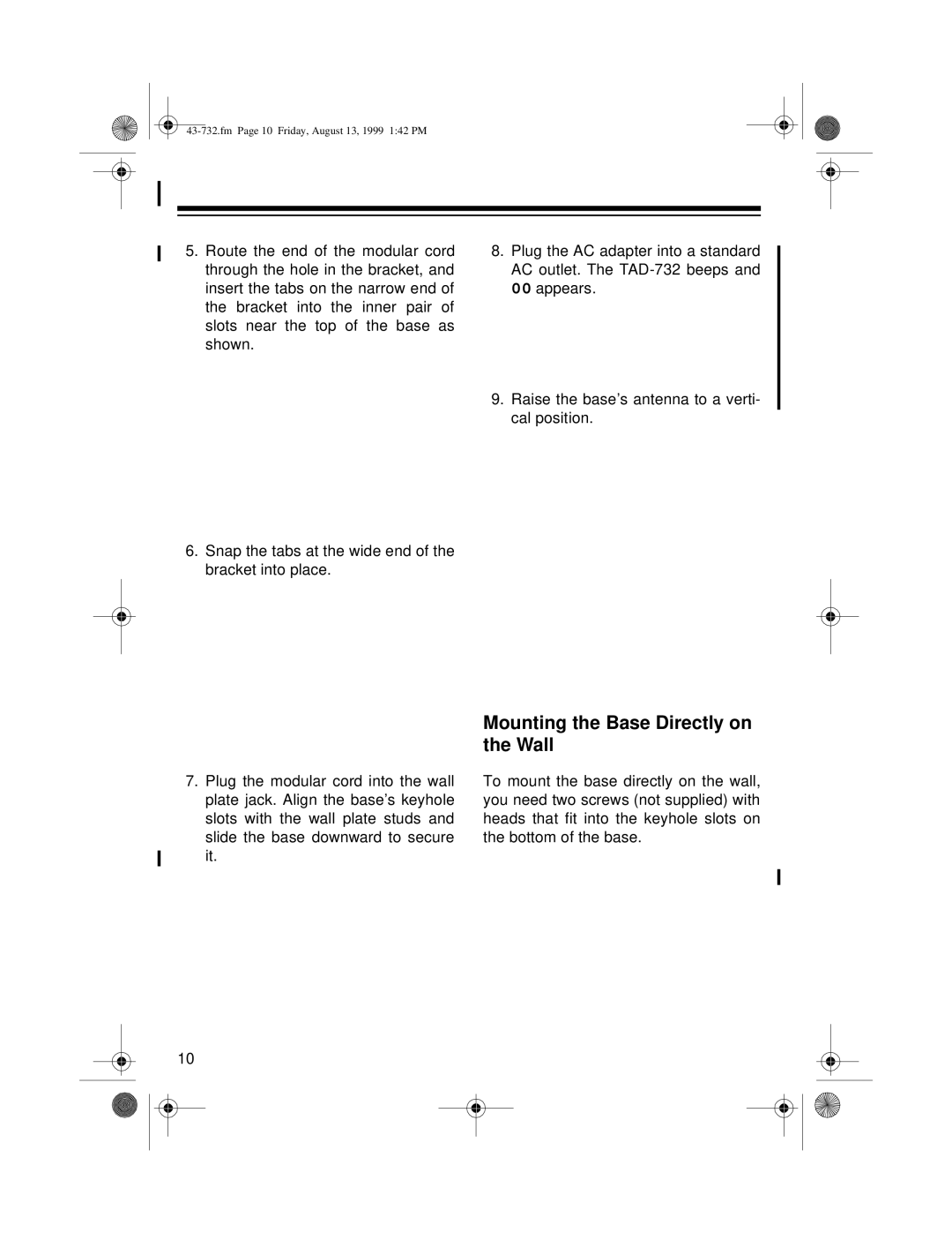 GE TAD-732 owner manual Mounting the Base Directly on the Wall 