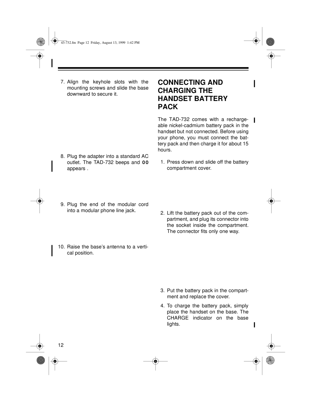 GE TAD-732 owner manual Connecting and Charging the Handset Battery Pack 