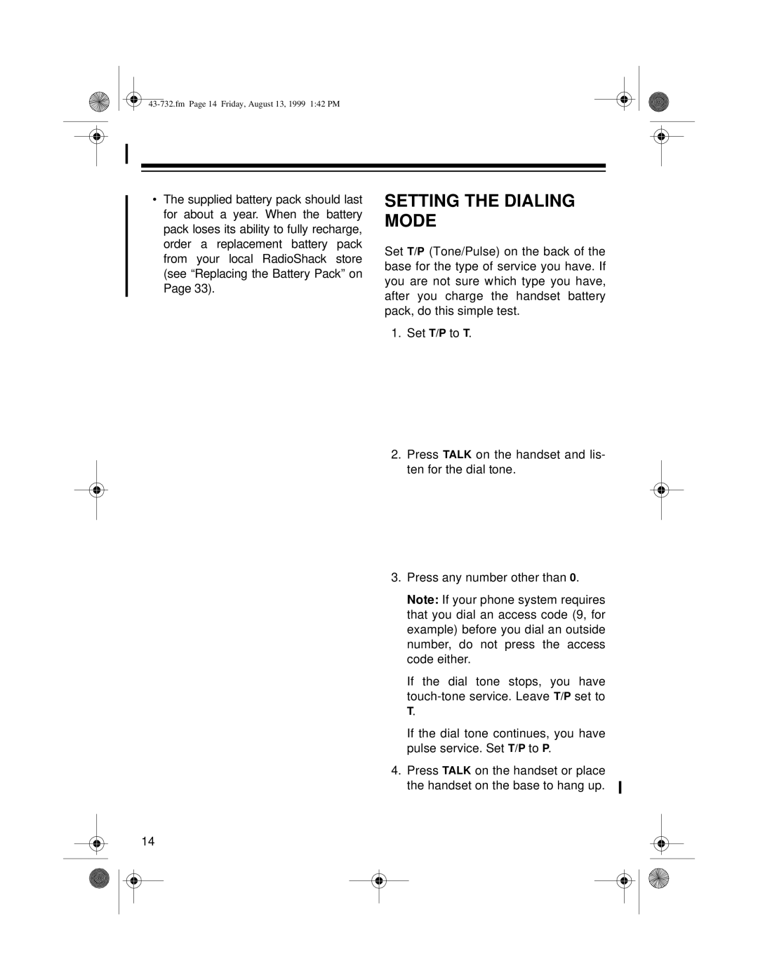 GE TAD-732 owner manual Setting the Dialing Mode 