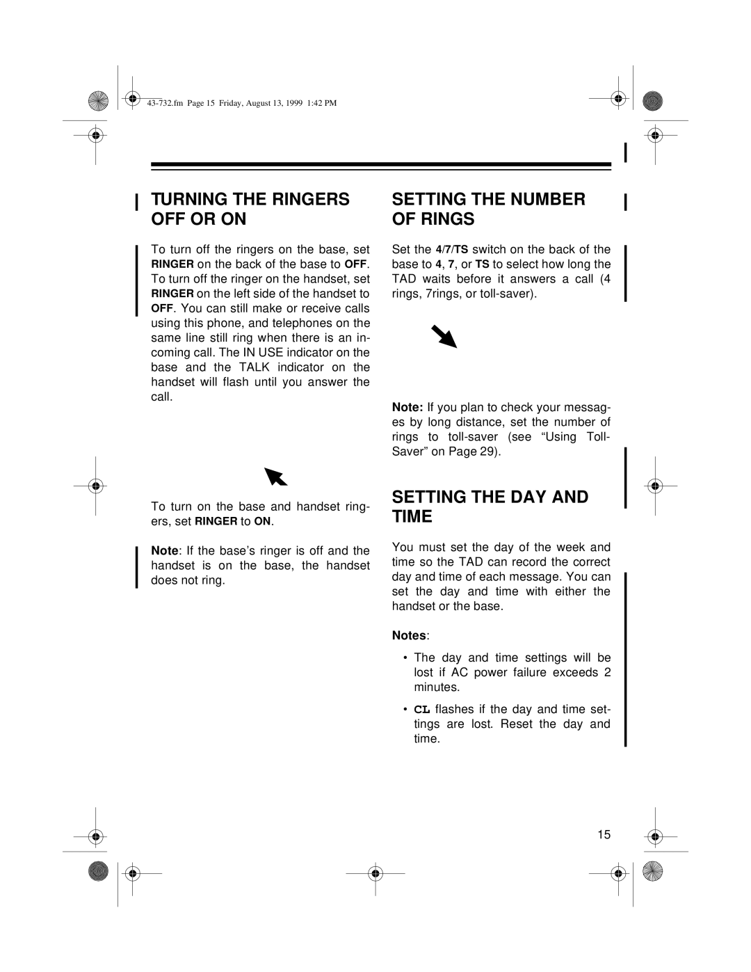 GE TAD-732 owner manual Turning the Ringers OFF or on, Setting the Number of Rings, Setting the DAY and Time 