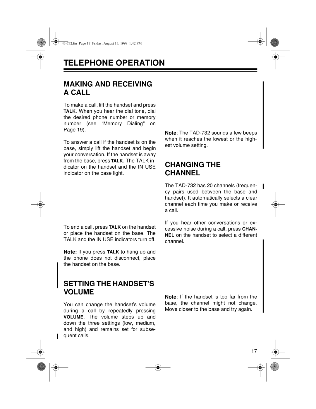 GE TAD-732 owner manual Telephone Operation, Making and Receiving a Call, Changing Channel, Setting the HANDSET’S Volume 