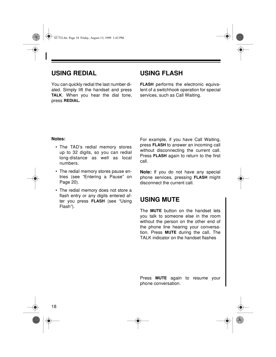 GE TAD-732 owner manual Using Redial, Using Flash, Using Mute 