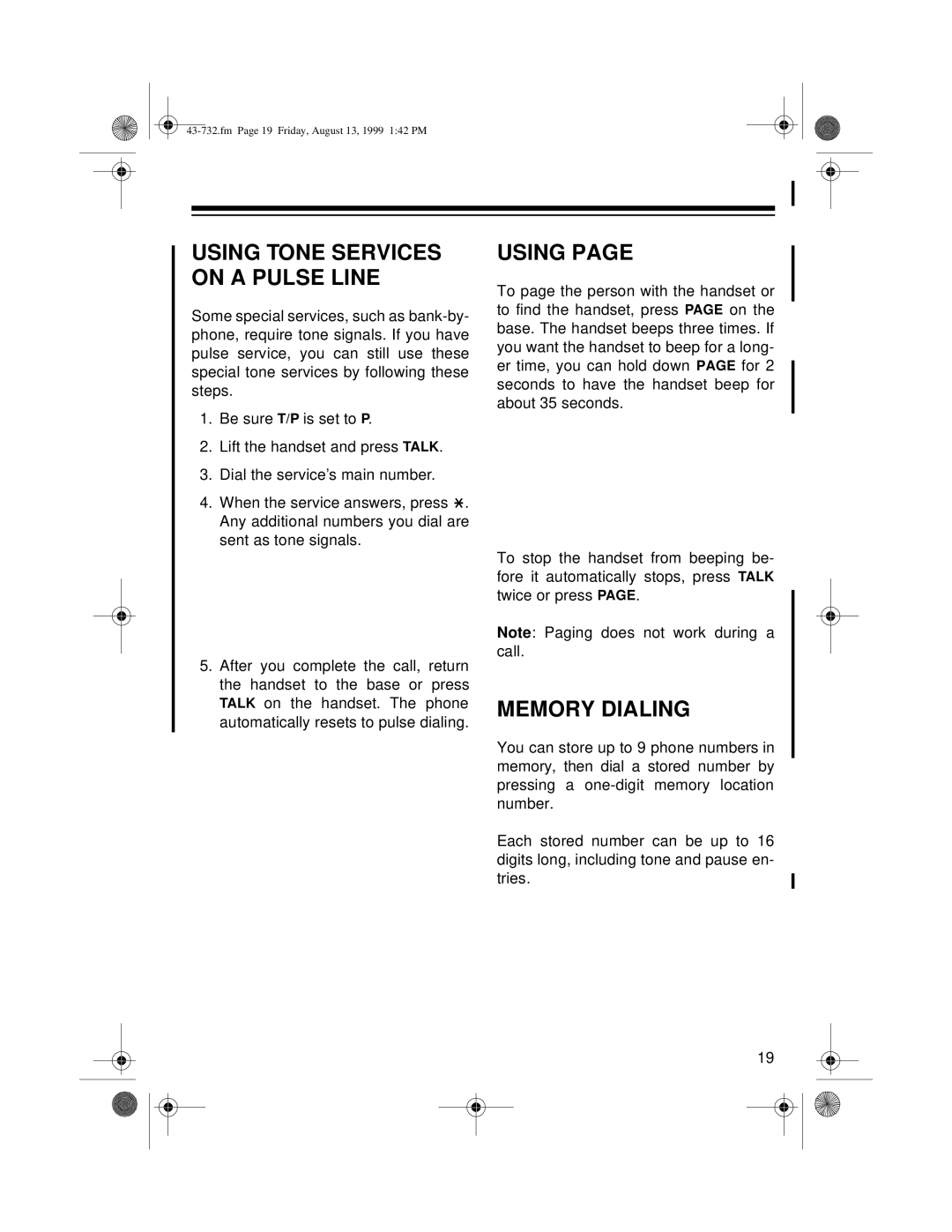 GE TAD-732 owner manual Using, Memory Dialing 