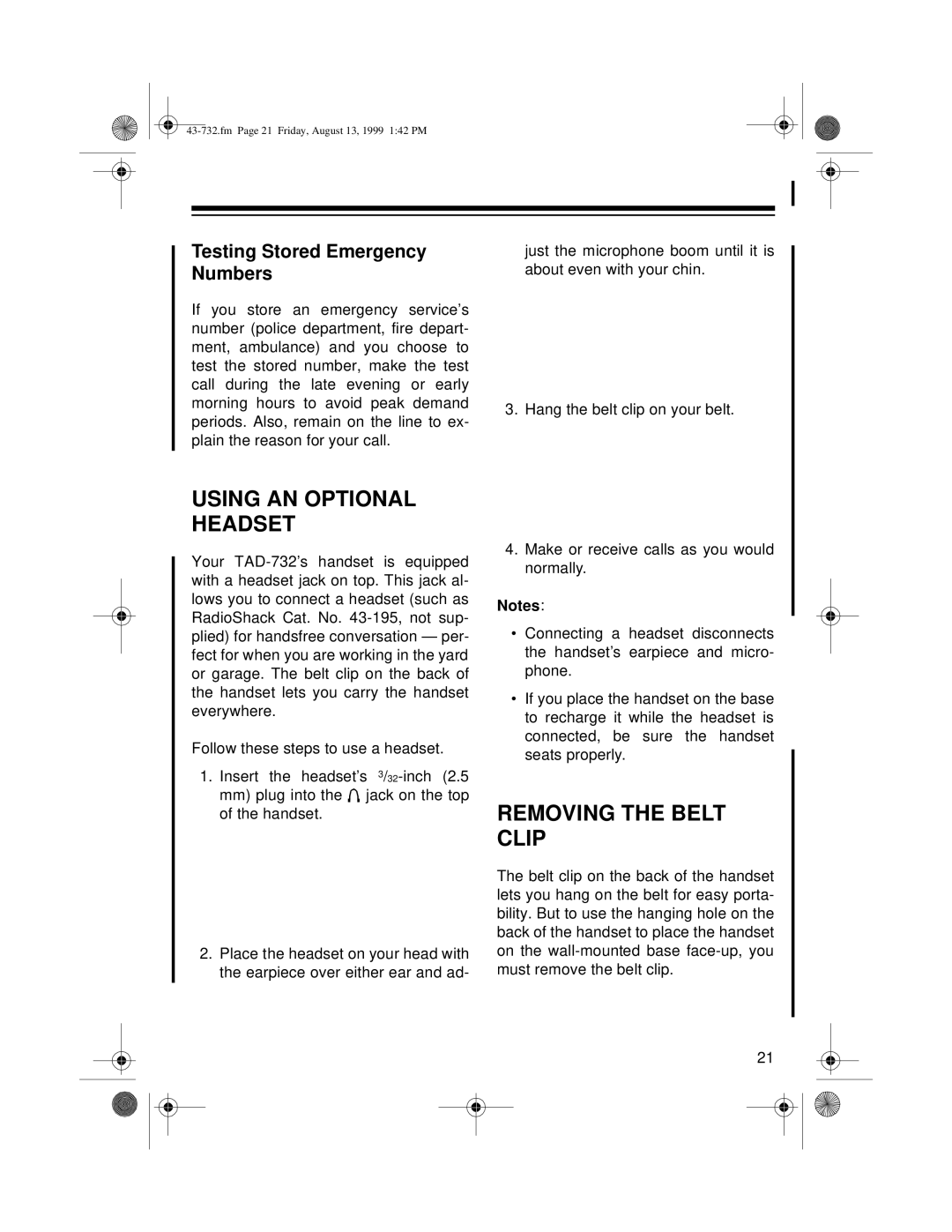 GE TAD-732 owner manual Using AN Optional Headset, Removing the Belt Clip, Testing Stored Emergency Numbers 