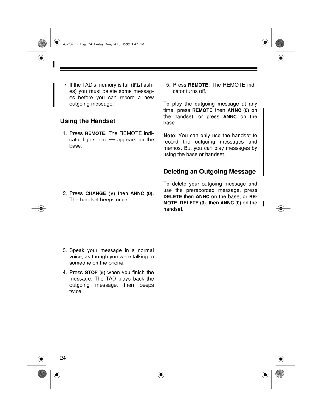 GE TAD-732 owner manual Using the Handset, Deleting an Outgoing Message 