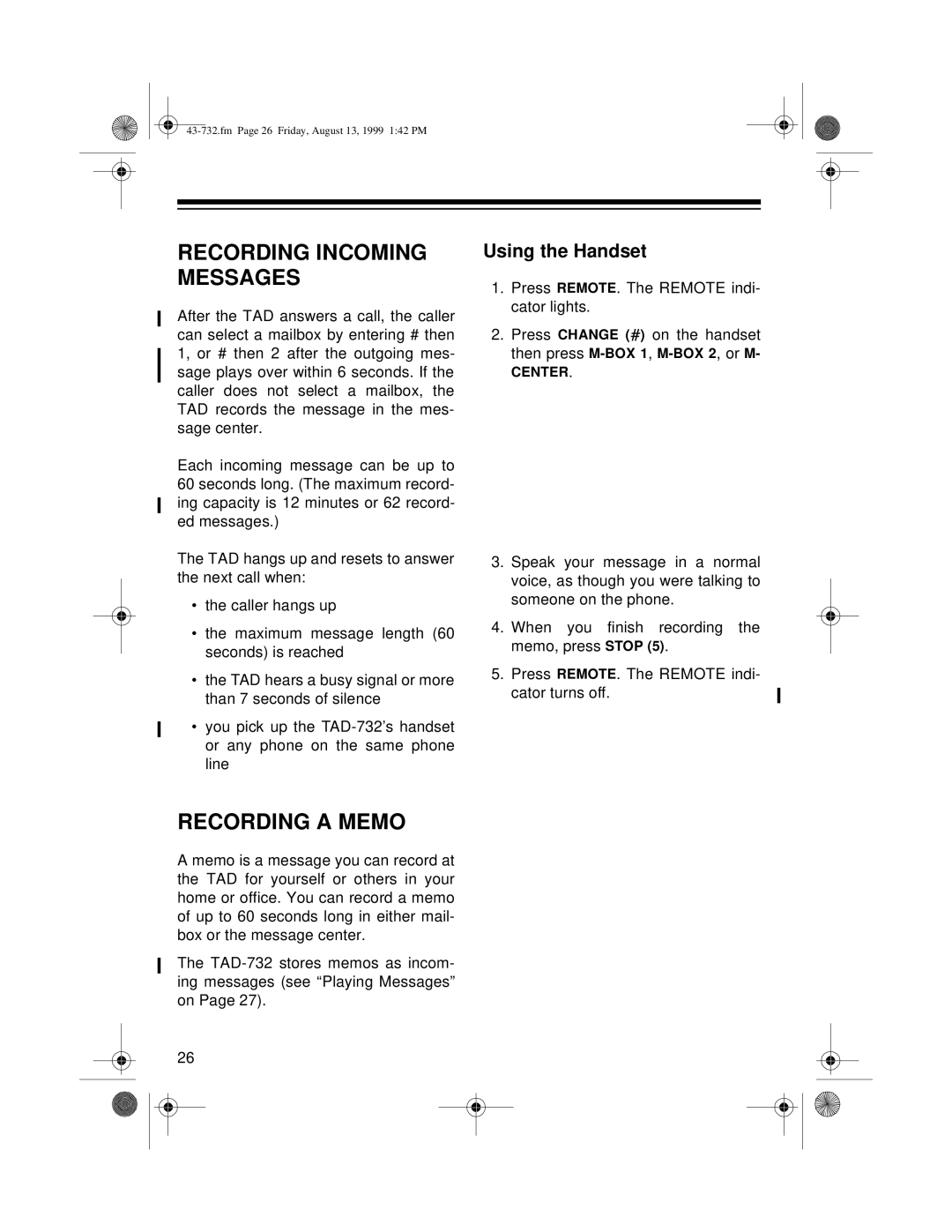 GE TAD-732 owner manual Recording Incoming Messages, Recording a Memo 