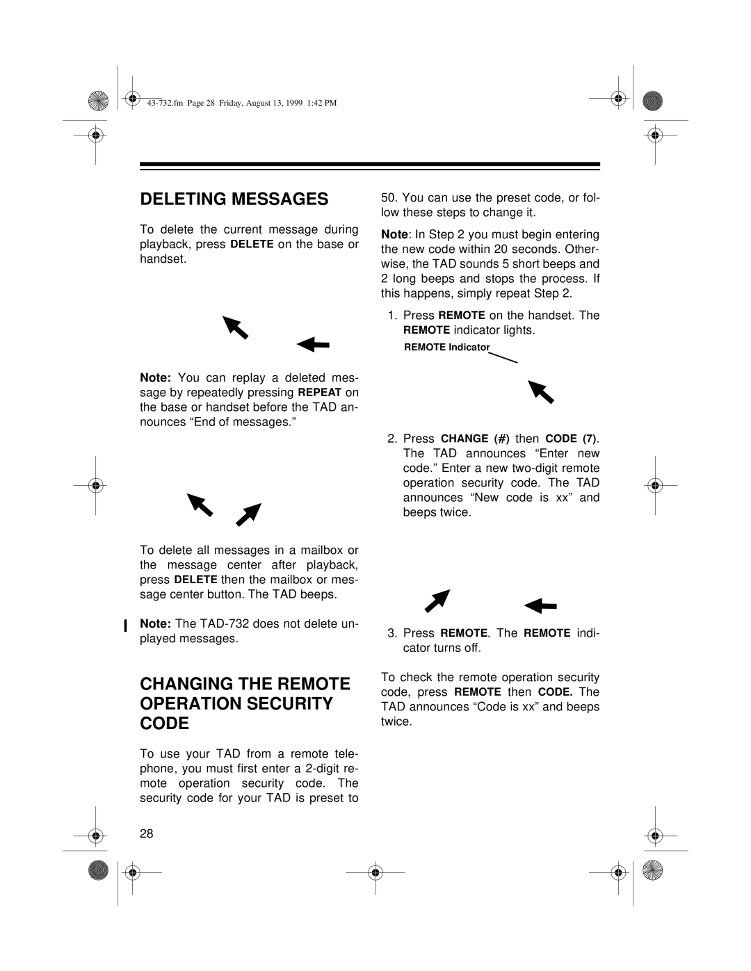 GE TAD-732 owner manual Deleting Messages, Changing the Remote Operation Security Code 