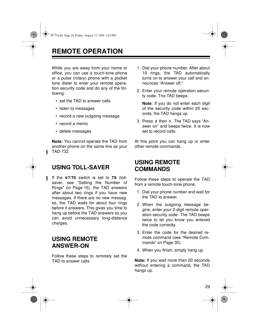 GE TAD-732 owner manual Remote Operation, Using TOLL-SAVER, Using Remote ANSWER-ON, Using Remote Commands 