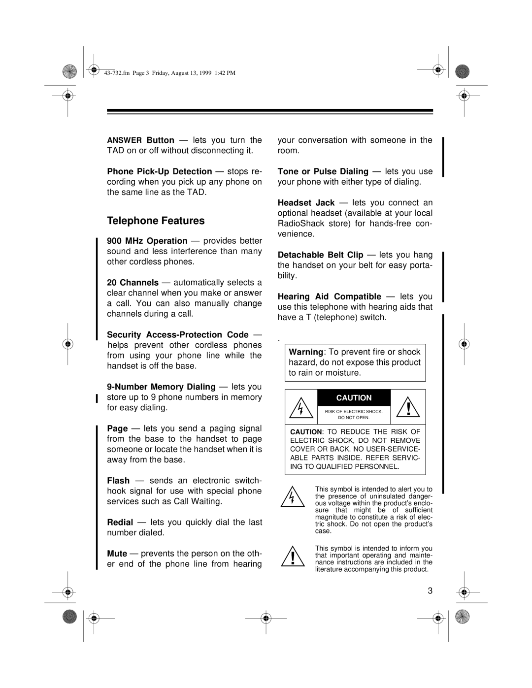 GE TAD-732 owner manual Telephone Features 