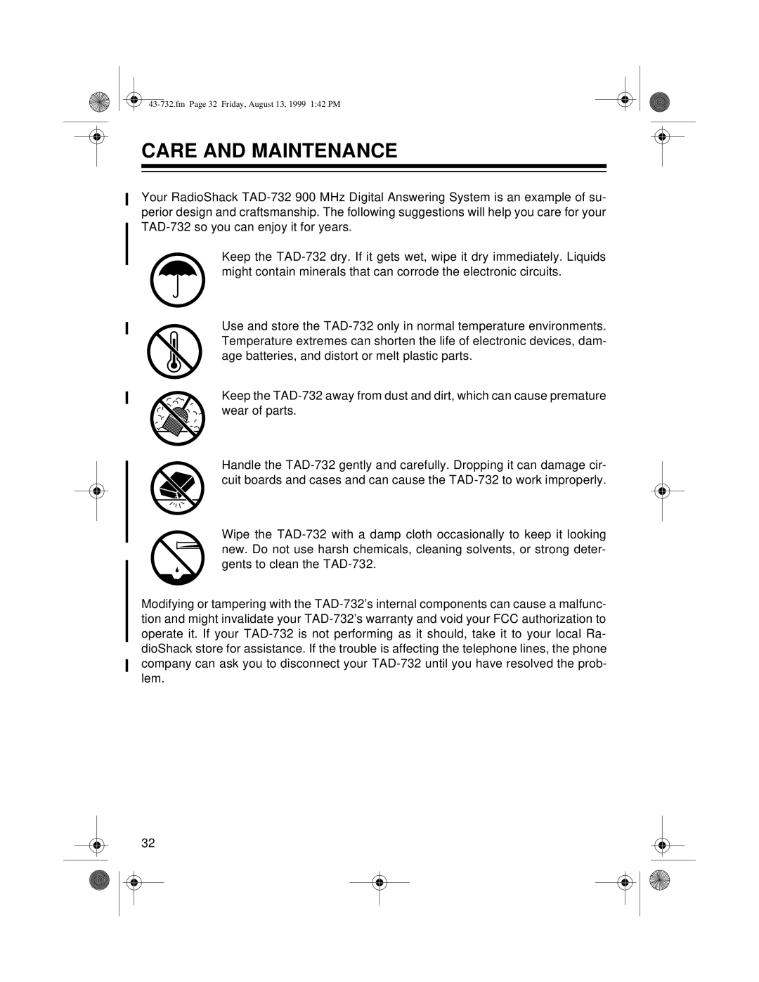 GE TAD-732 owner manual Care and Maintenance 